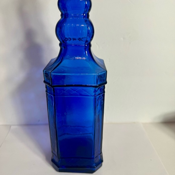 Cobalt Blue glass decorative bottle with cork. Approx. 11 3/4" Ornate Bottle - Picture 5 of 11
